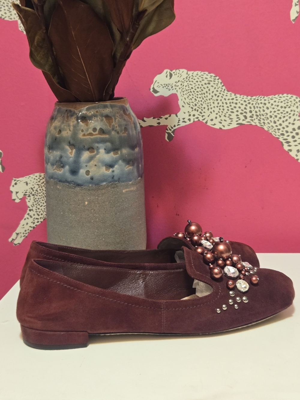 Miu Miu Embellished Burgundy Suede Women's Ballet Flats Loafers Size 40 IT 9 US - Picture 3 of 11